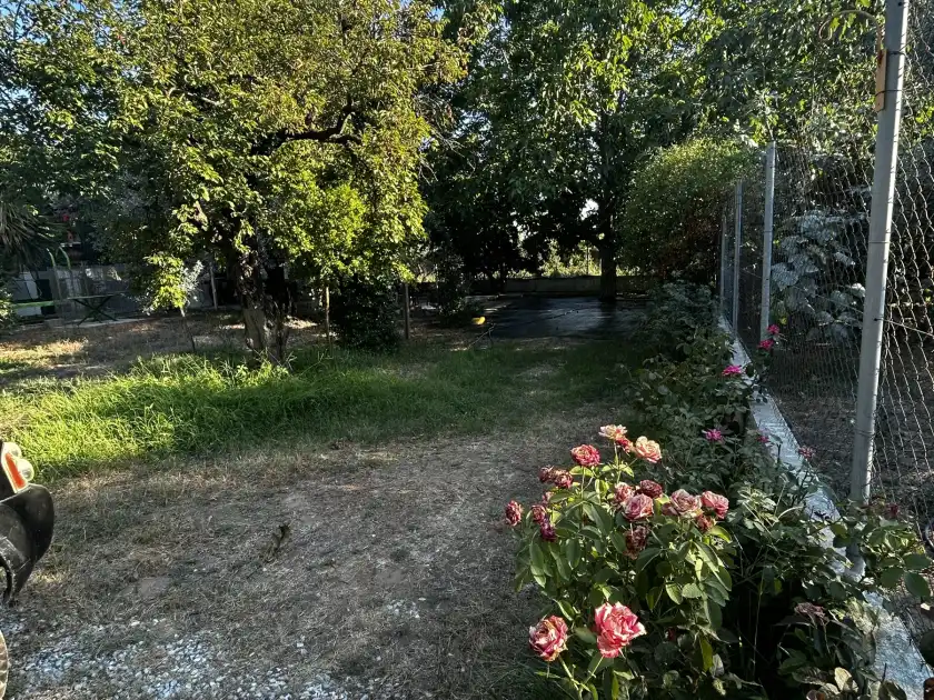 Κήπος εξοχικού στο Πήλιο με κουρεμένο γκαζόν, οπωροφόρα δέντρα και τριανταφυλλιές